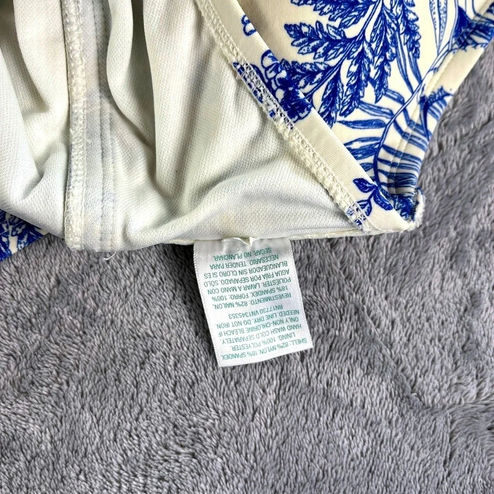 One Piece Swimsuit M Blue Cream Toile Floral Tie Strap Coastal Botanical Toile
